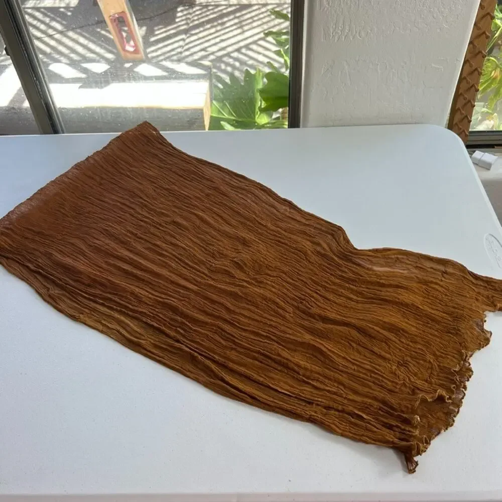 Unbranded Women's Silk Scarf Camel/Gold Sheer Ruffle Rectangle 15